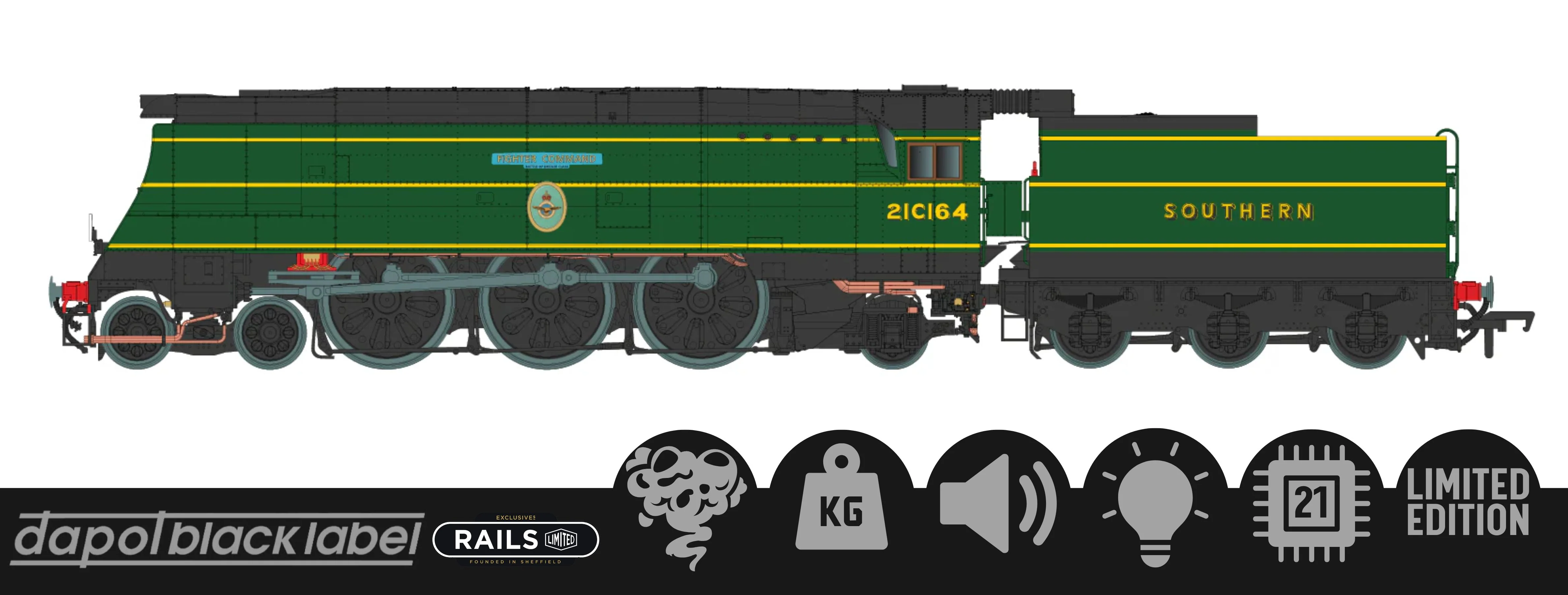 Black Label Battle of Britain Fighter Command 21C164 SR Malachite Green Steam Locomotive - DCC Sound & Smoke - Image 13
