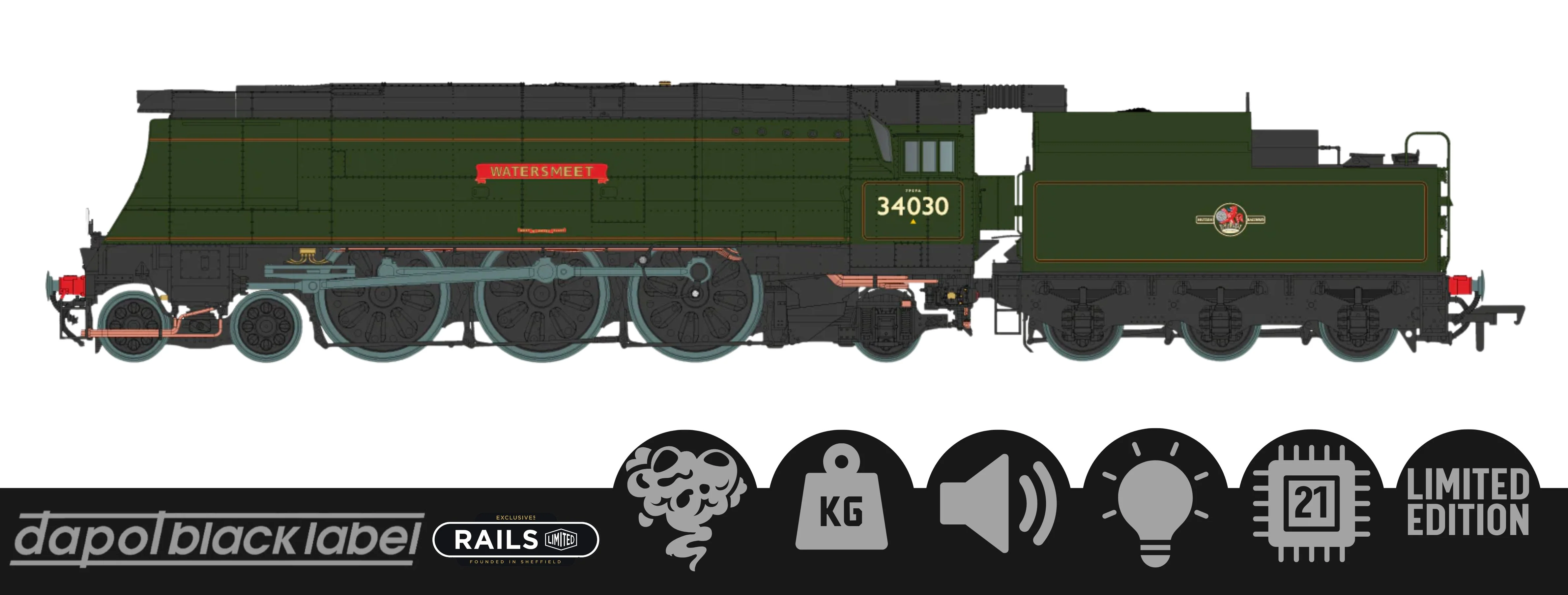 Black Label West Country Watersmeet 34030 BR Green Totem Steam Locomotive - DCC Sound & Smoke - Image 13