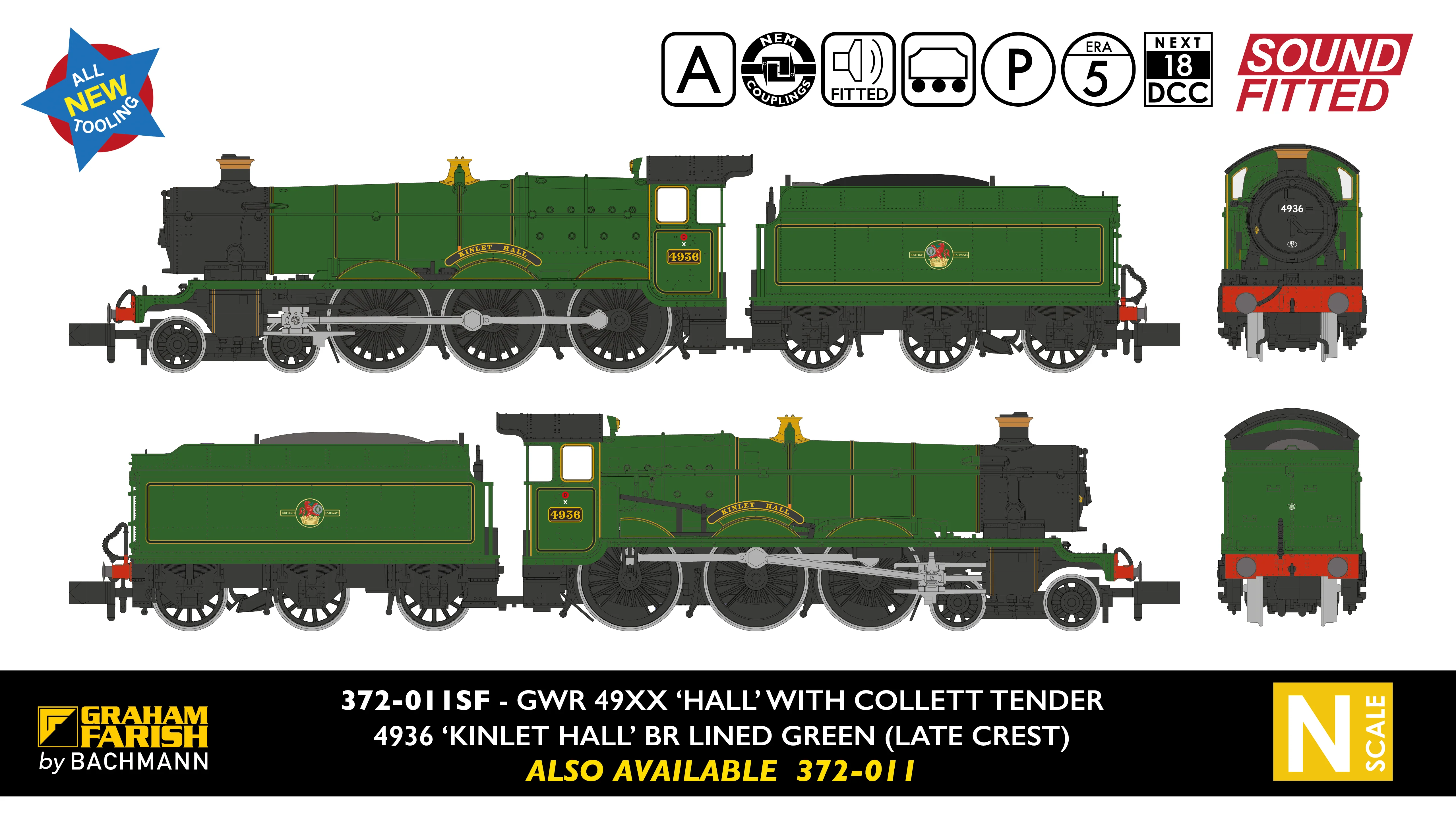 GWR 49XX 'Hall' 4936 'Kinlet Hall' BR Lined Green (Late Crest) Steam Locomotive - DCC Sound - Image 8