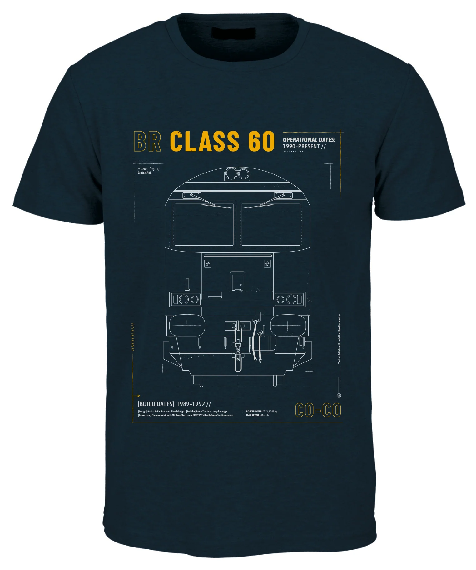 CLASS60-TEE-B Class 60 Technical Drawing Blueprint Railway T Shirt (Navy)