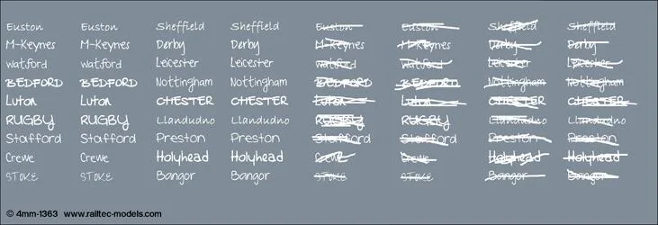 RT-4-1363 Handwritten Chalk Destinations: LMS Region Waterslide Decals Transfer