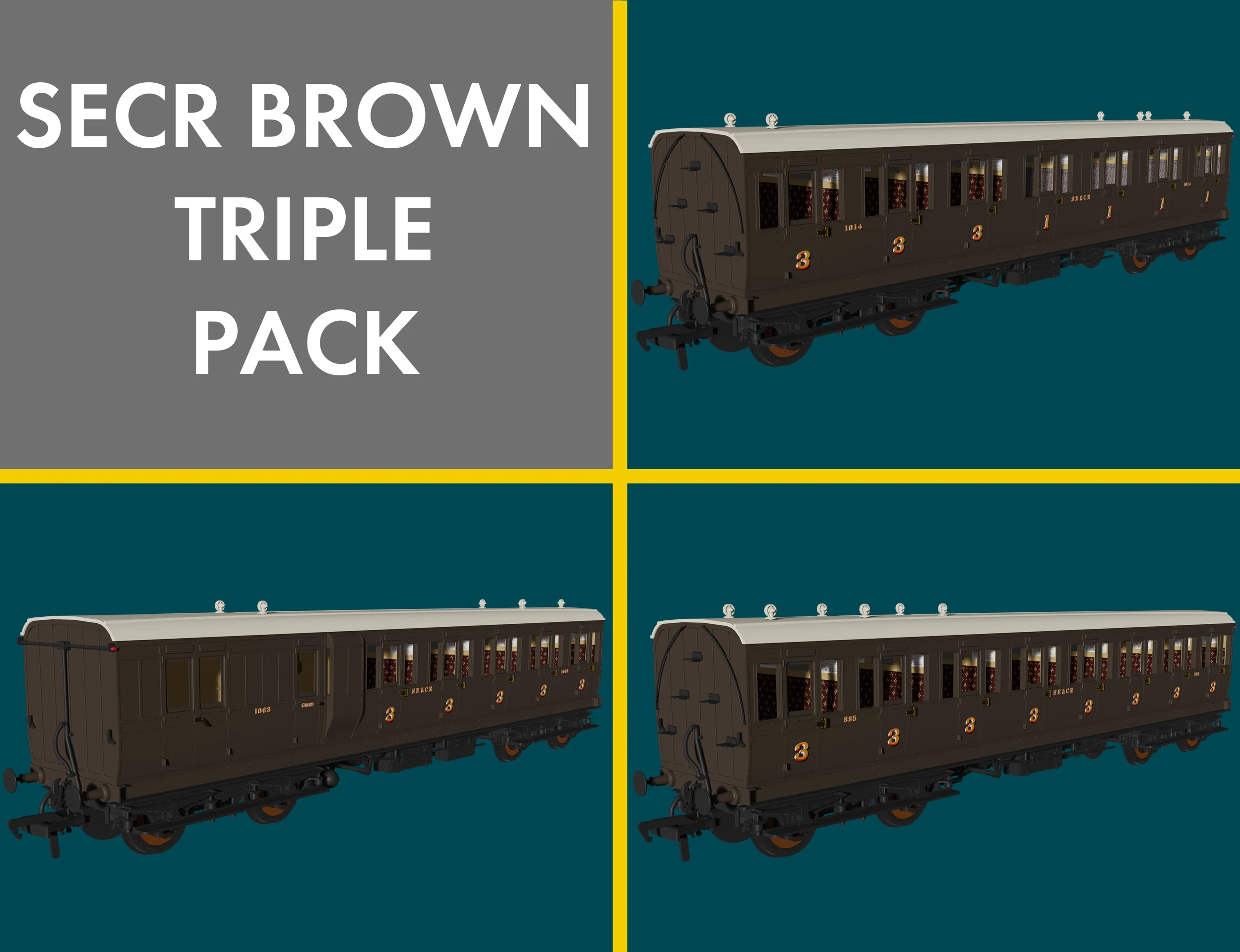 'Evolution' 48' SECR Wellington Brown Non-Corridor Carriage No.1063, 885 & 1014 Triple Pack - Image 6