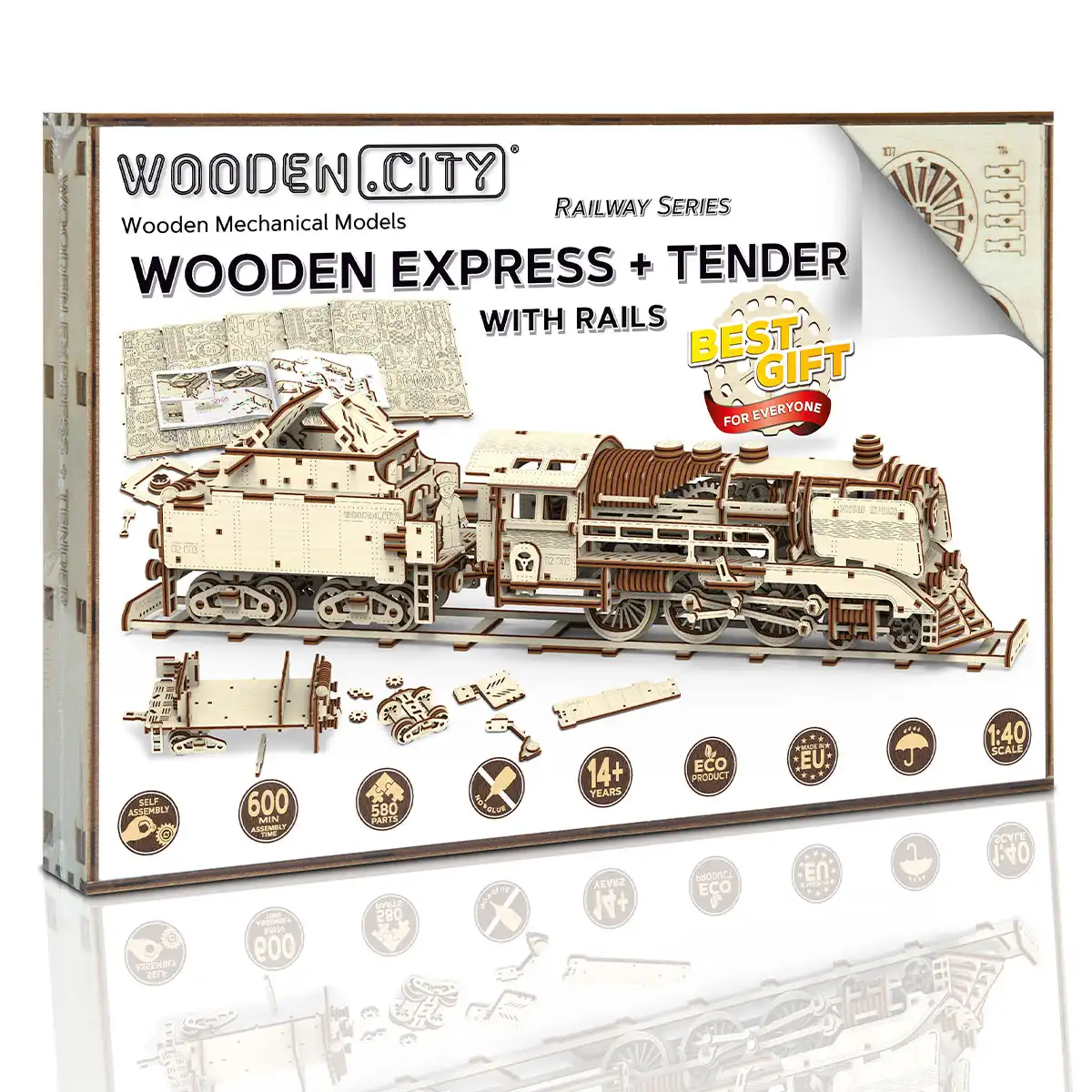 3D Wooden Train Puzzle – Wooden Express + Tender with Rails - Image 3